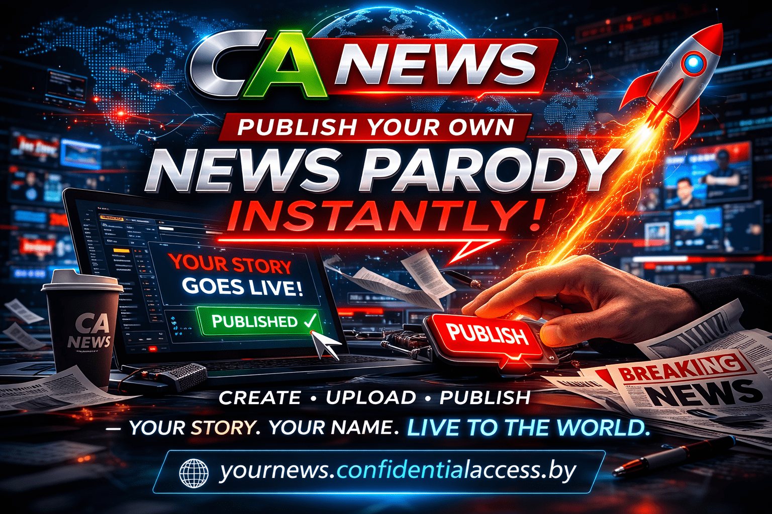 CA News Parody service card showing publish your own news parody instantly with newsroom, rocket and publish button artwork