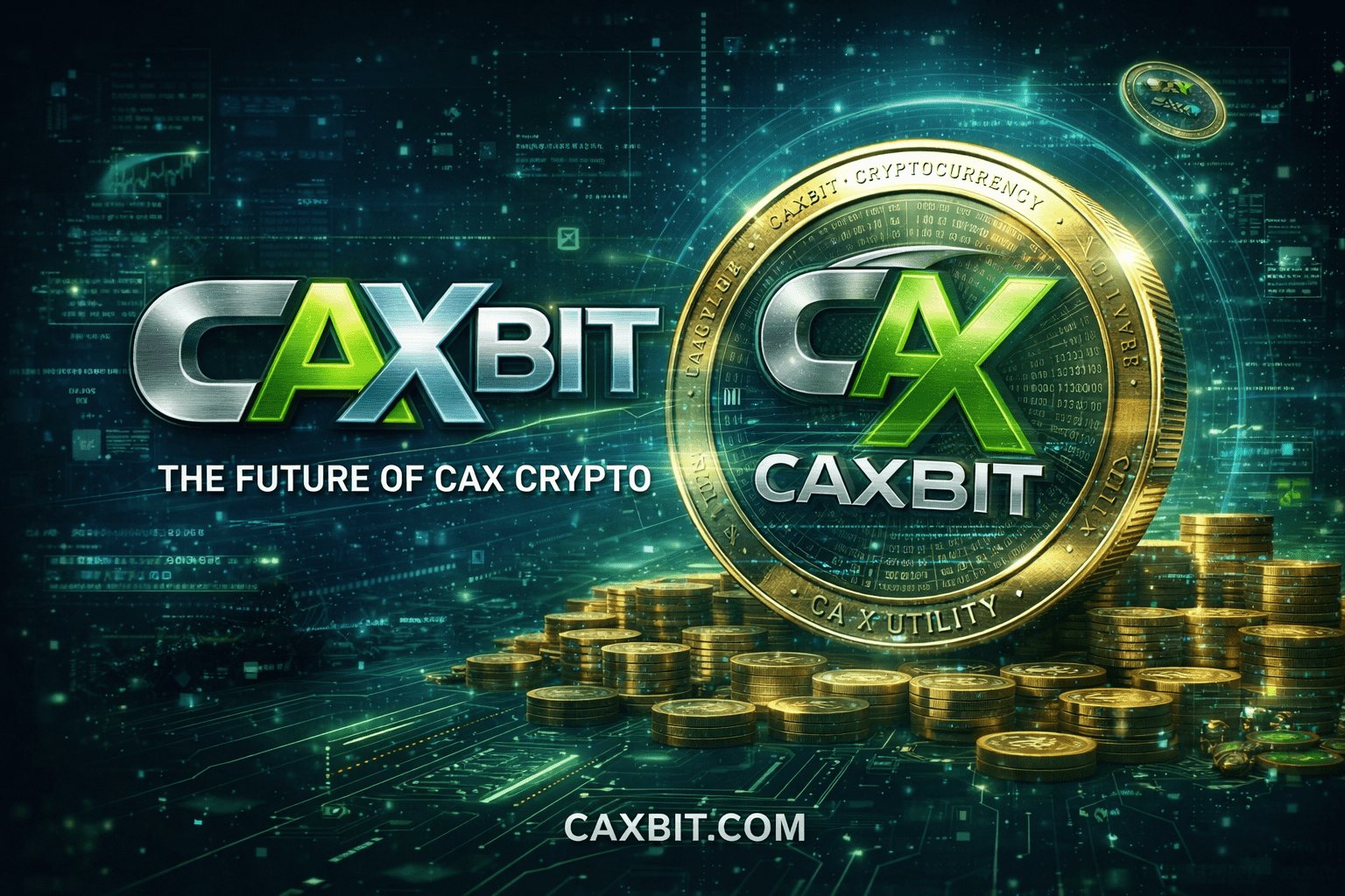CAXBIT service card showing CAX crypto branding, gold coin artwork, market data and cryptocurrency utility theme