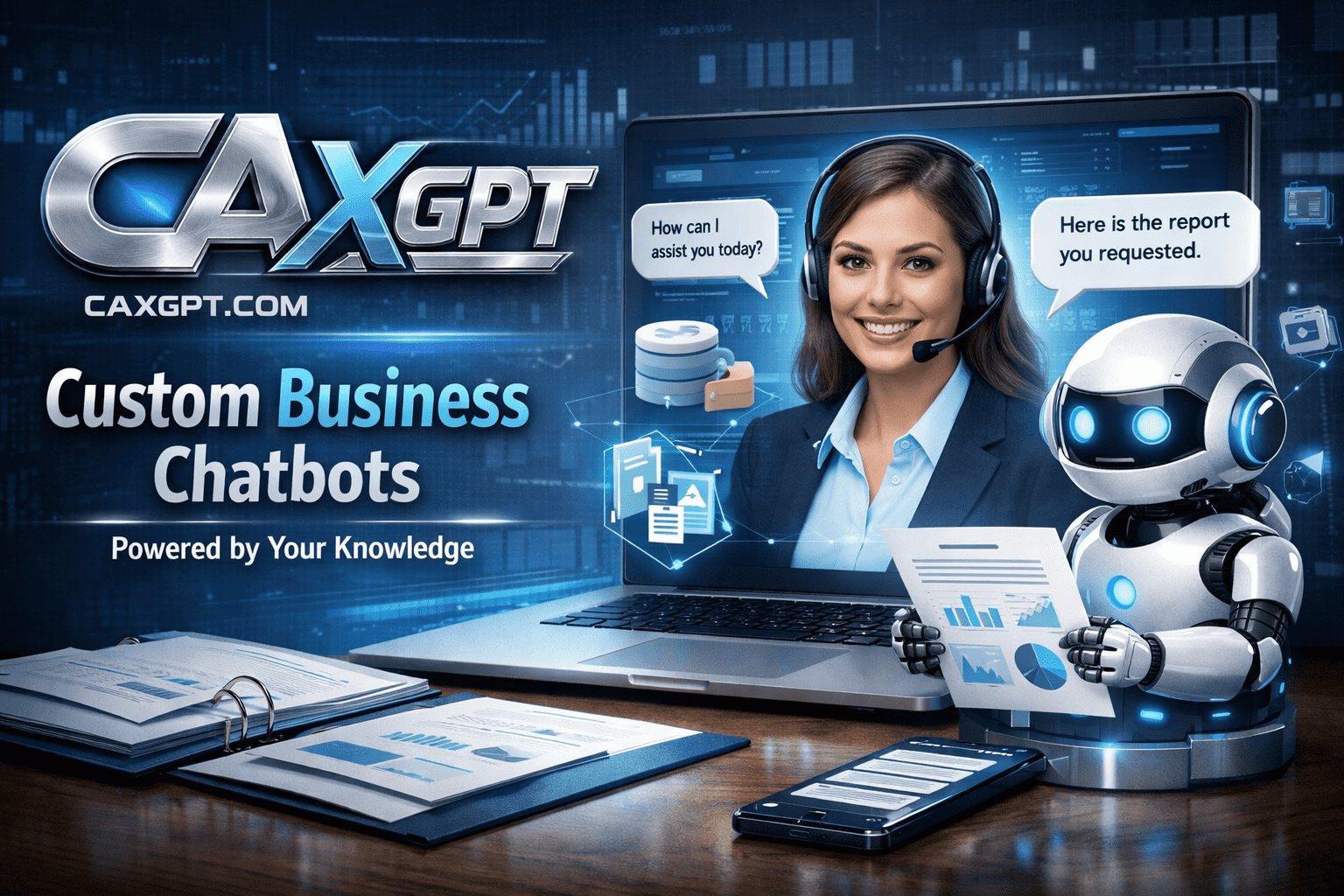 CAXGPT service card showing custom business chatbots powered by your knowledge with assistant and robot imagery