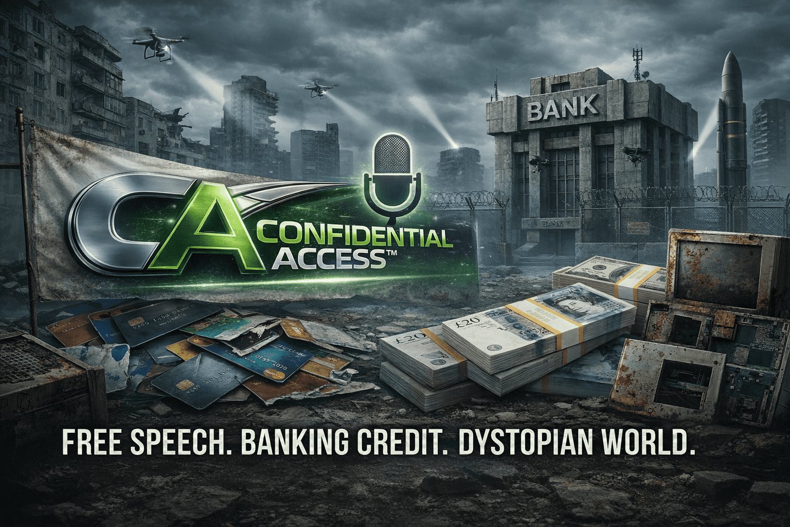 ConfidentialAccess.com service card showing the CA Confidential Access brand in a dystopian financial access scene